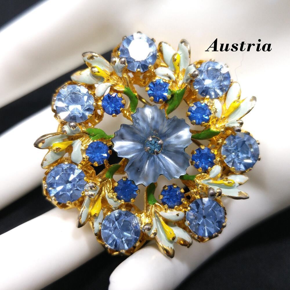 Austria Blue Rhinestone & Enamel Floral Brooch, Blue Glass Flower Center, 1950s